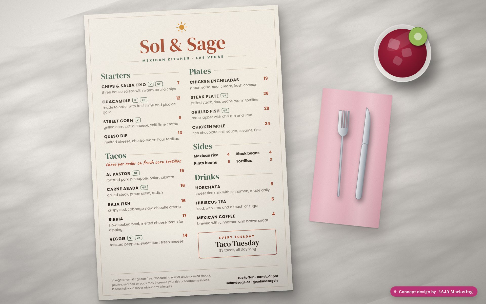 Restaurant menu design concept for Sol & Sage