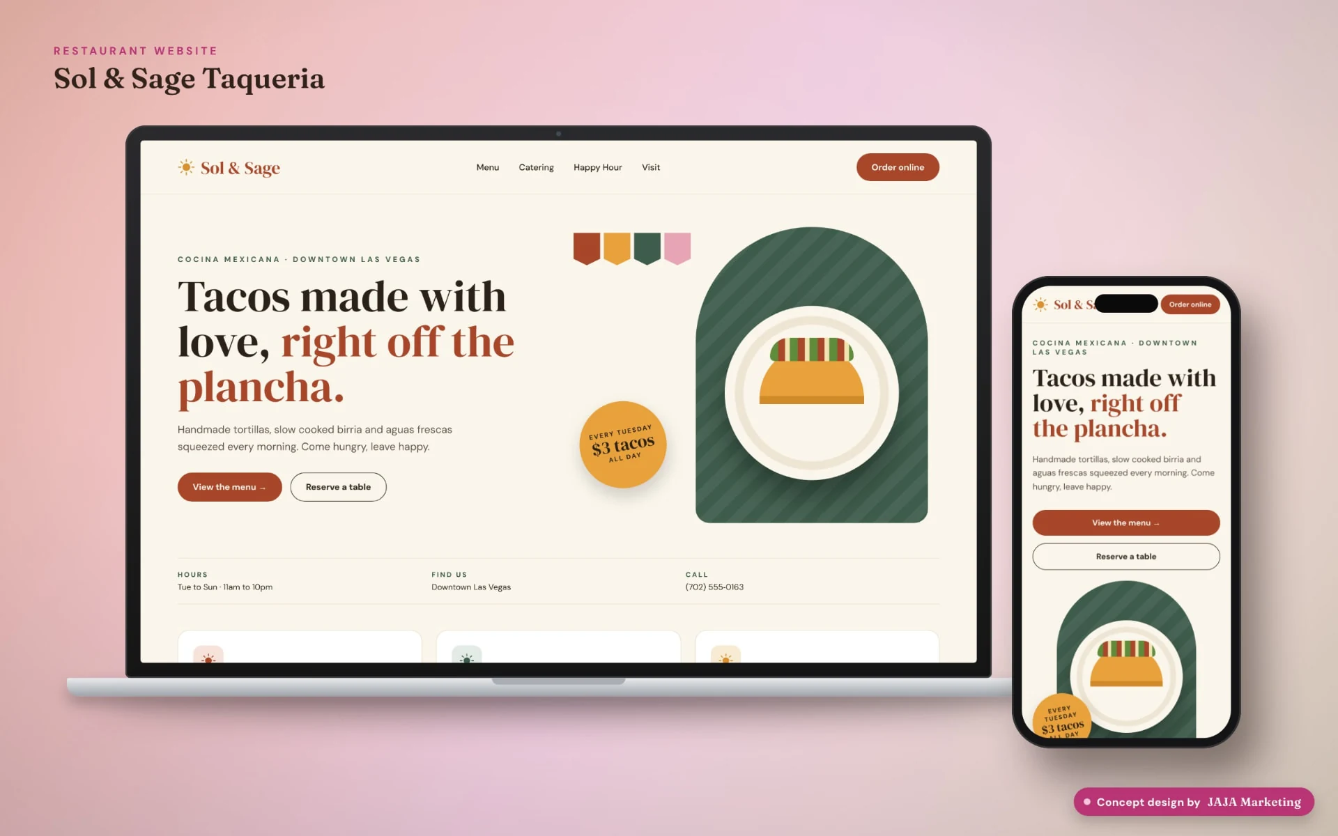 Sol & Sage Taqueria, restaurant website concept mockup shown on laptop and mobile, concept design by JAJA Marketing