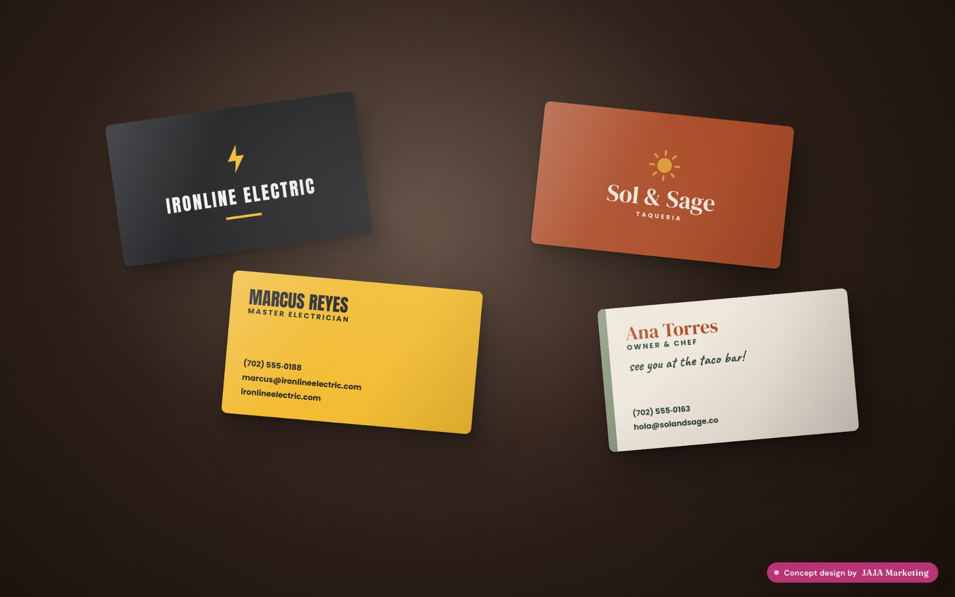 Business card design concepts for Ironline Electric and Sol & Sage
