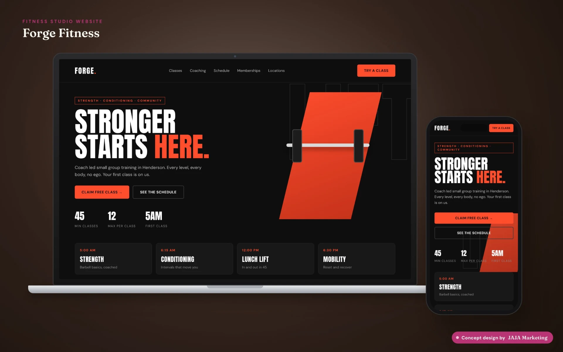 Forge Fitness, fitness studio website concept mockup shown on laptop and mobile, concept design by JAJA Marketing