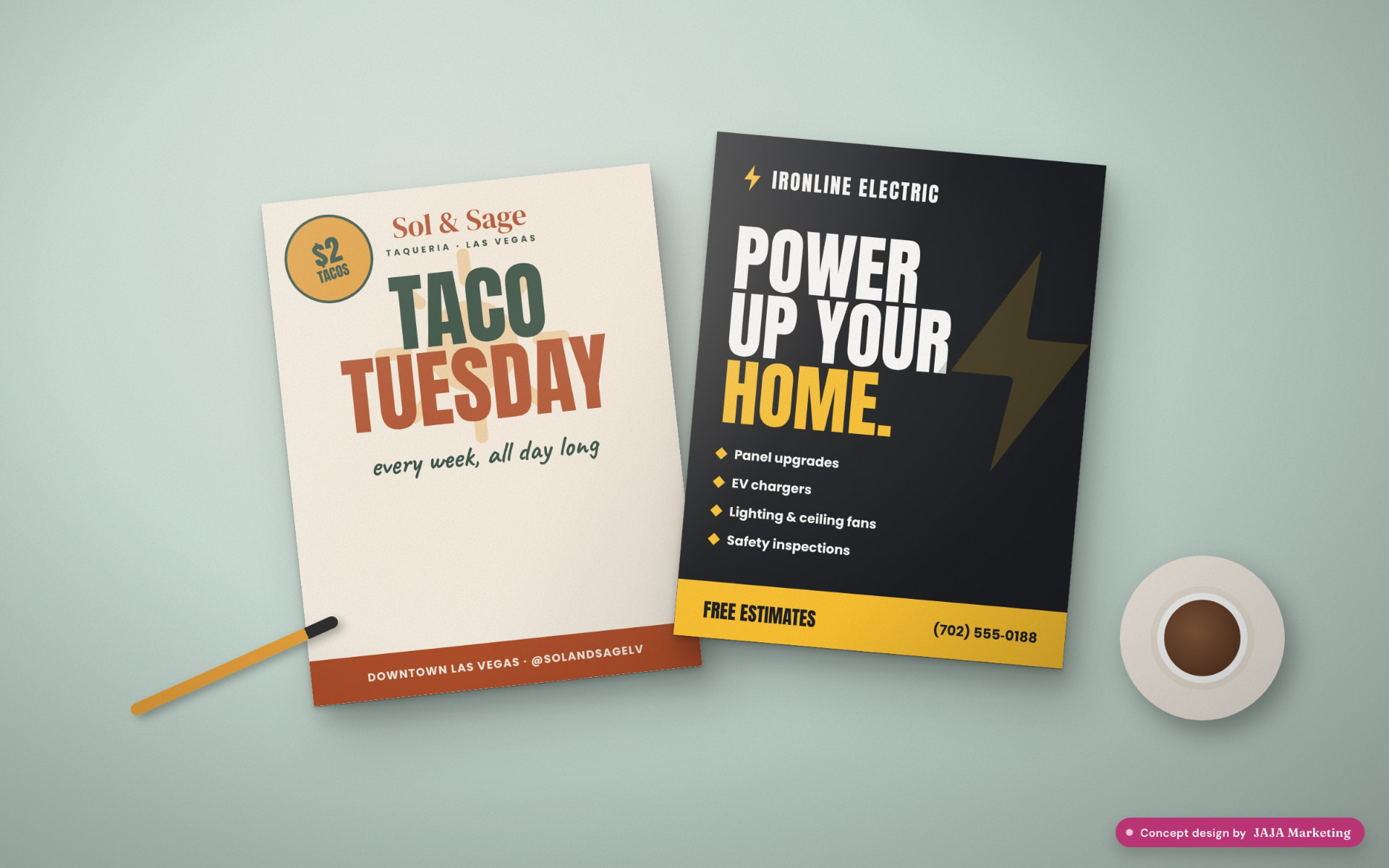 Flyer design concepts for Sol & Sage and Ironline Electric