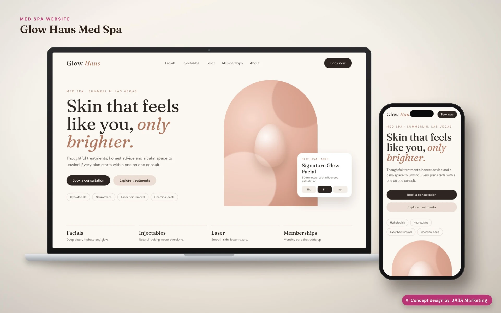 Glow Haus Med Spa, med spa website concept mockup shown on laptop and mobile, concept design by JAJA Marketing