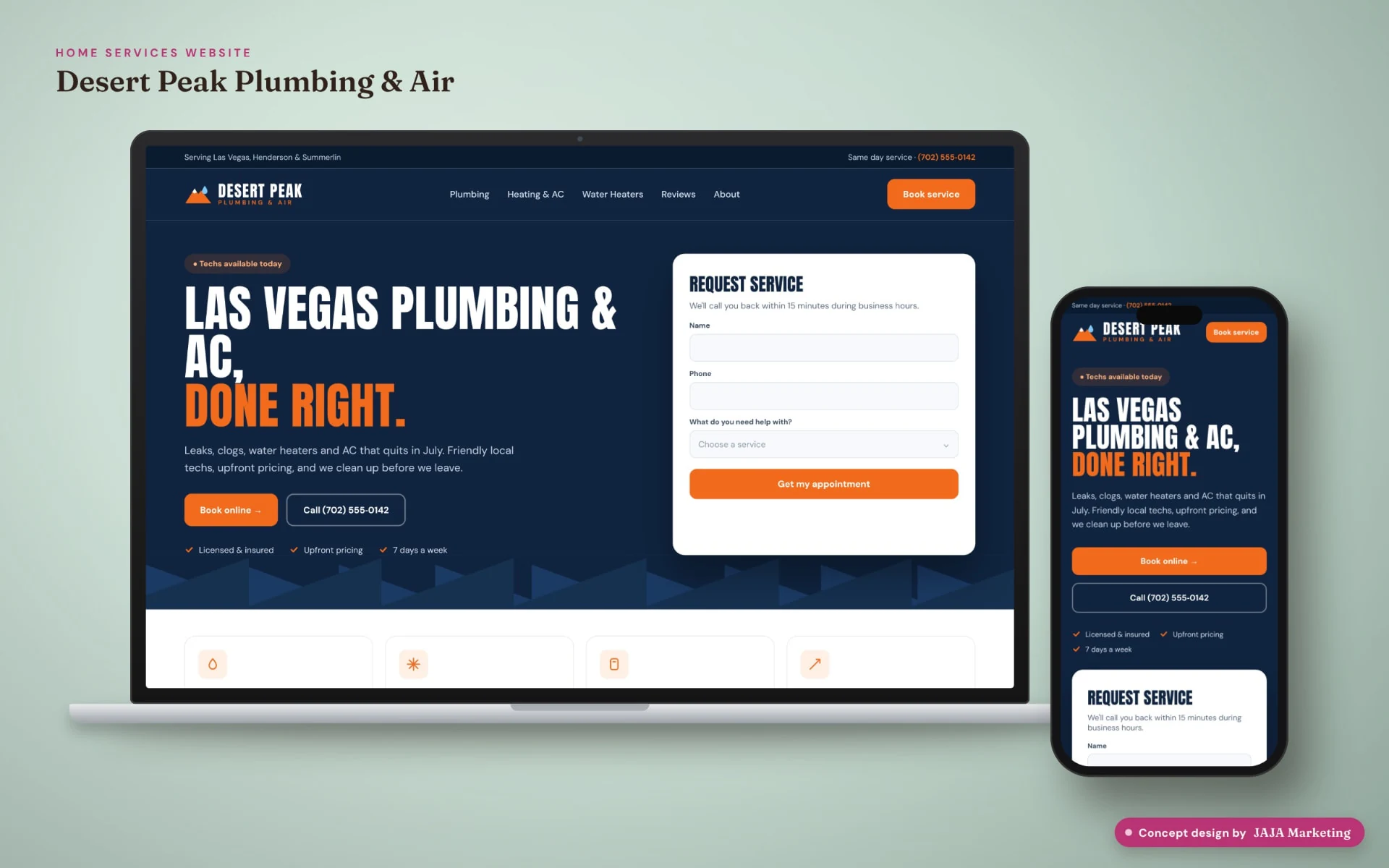 Desert Peak Plumbing & Air, home services website concept mockup shown on laptop and mobile, concept design by JAJA Marketing