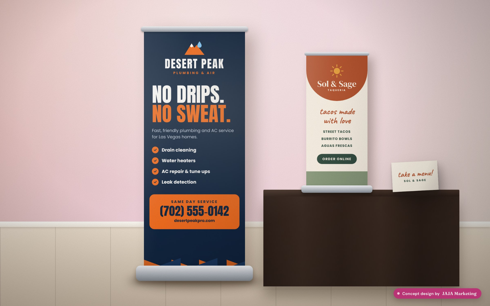 Retractable and tabletop banner design concepts for Desert Peak and Sol & Sage